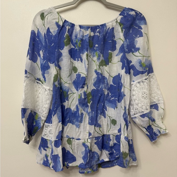 Unique Spectrum Blue Floral and Lace Off the Shoulder Top - Picture 2 of 7